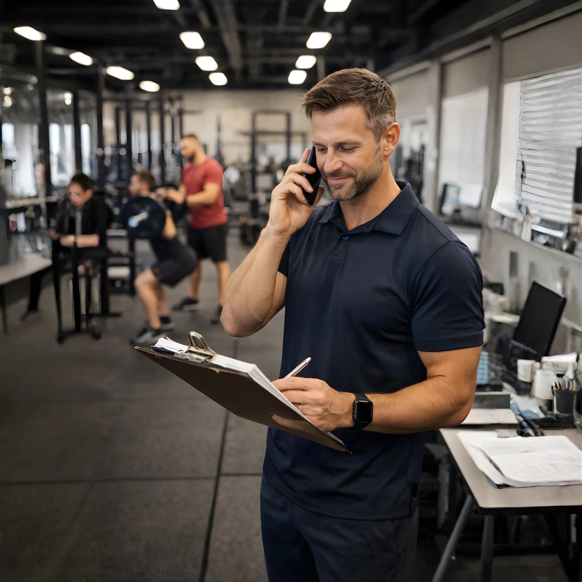 Menedżer studia treningowego rozmawiający przez telefon na sali treningowej